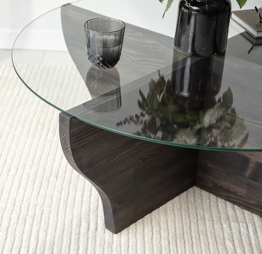 Runder Couchtisch Amphora aus Kiefernholz und gehärtetem Glas in Anthrazit 92Ø von Hanah Home – Bild 3