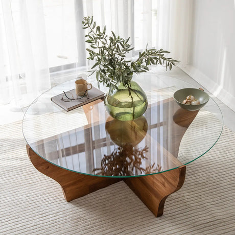 Runder Couchtisch Amphora aus Kiefernholz und gehärtetem Glas in Kastanie 92Ø von Hanah Home – Bild 3