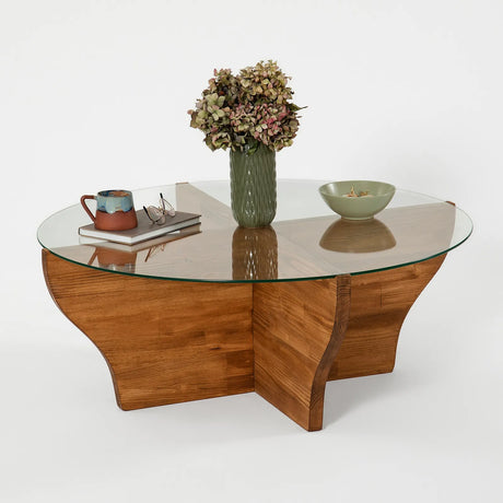 Runder Couchtisch Amphora aus Kiefernholz und gehärtetem Glas in Kastanie 92Ø von Hanah Home – Bild 5