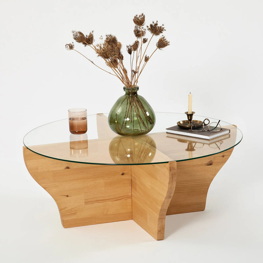 Runder Couchtisch Amphora aus Kiefernholz und gehärtetem Glas in Teak 92Ø von Hanah Home – Bild 4