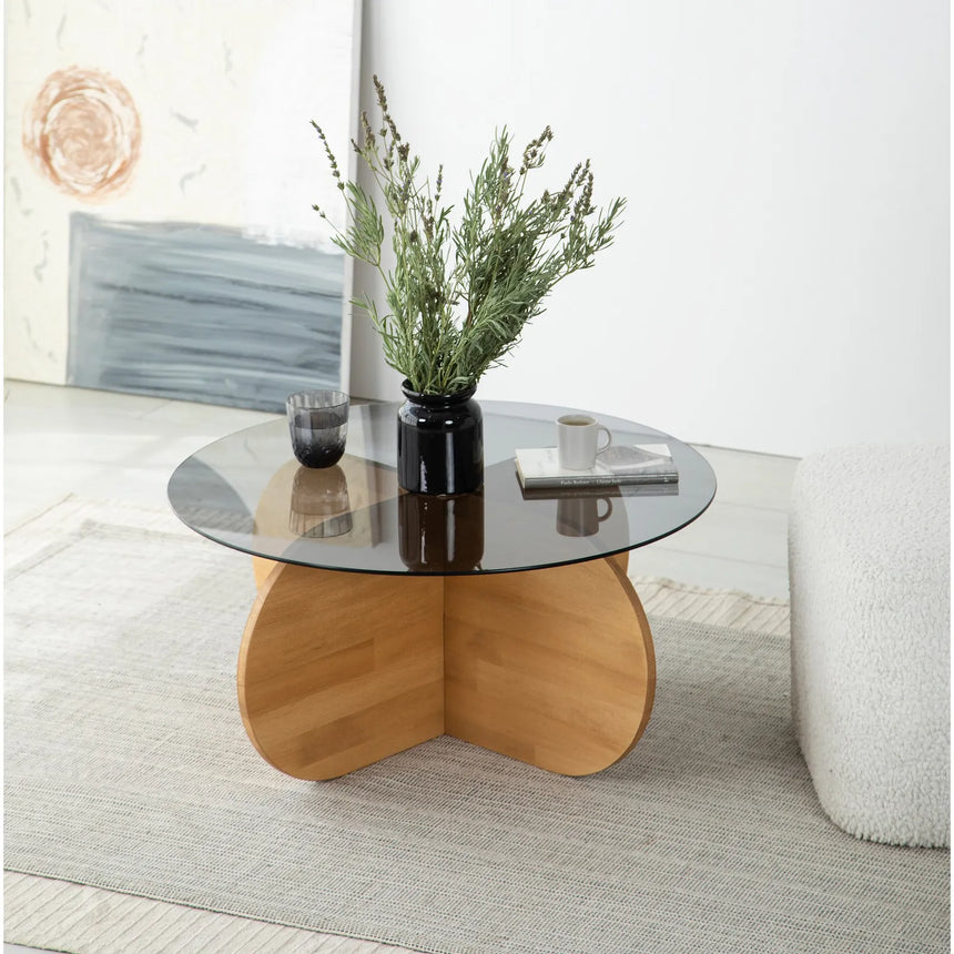 Runder Couchtisch Bubble aus massivem Kiefernholz und gehärtetem Glas in Eiche 75Ø von Hanah Home – Bild 1