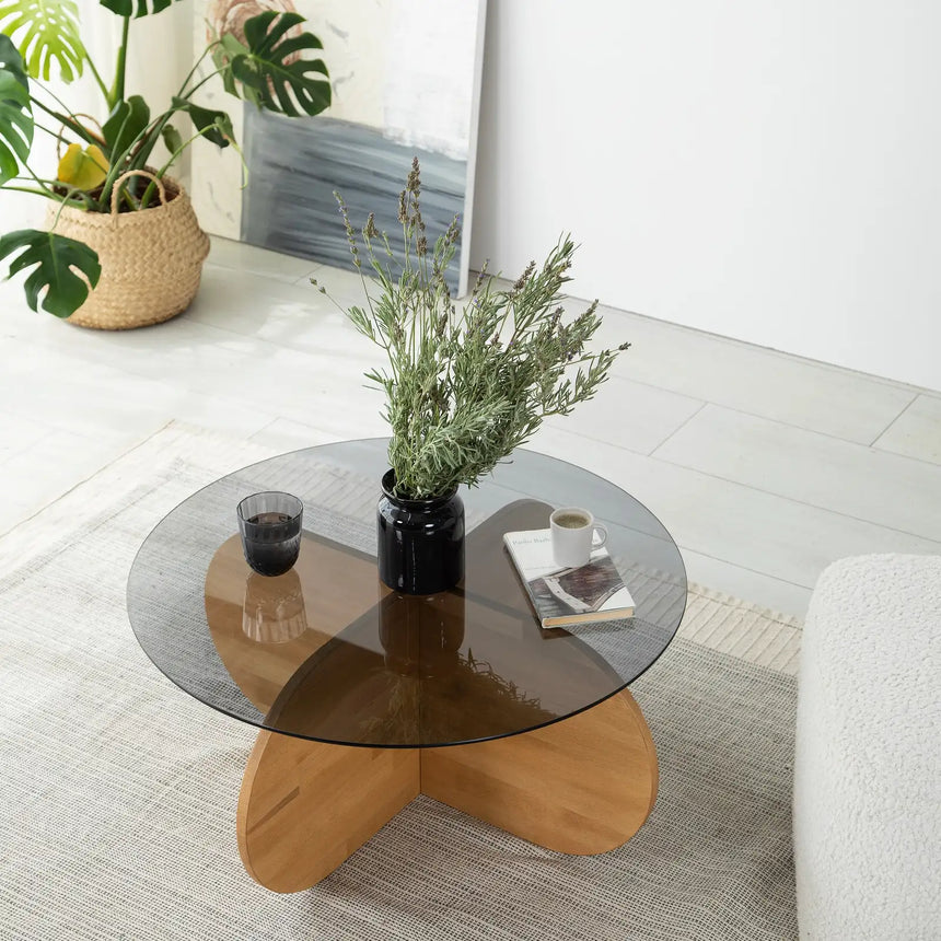 Runder Couchtisch Bubble aus massivem Kiefernholz und gehärtetem Glas in Eiche 75Ø von Hanah Home – Bild 3
