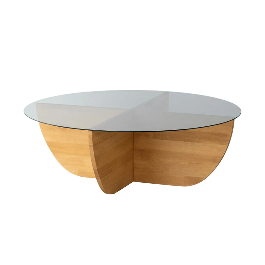 Runder Couchtisch Lily aus massivem Kiefernholz und gehärtetem Glas in Eiche 90Ø von Hanah Home – Bild 5