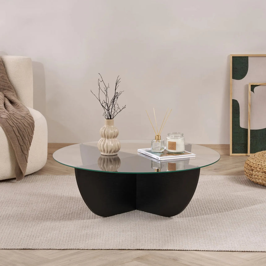 Runder Couchtisch Liya aus Glas und melaminbeschichtetem Spanplatte in Holzschwarz 90Ø von Hanah Home – Bild 3