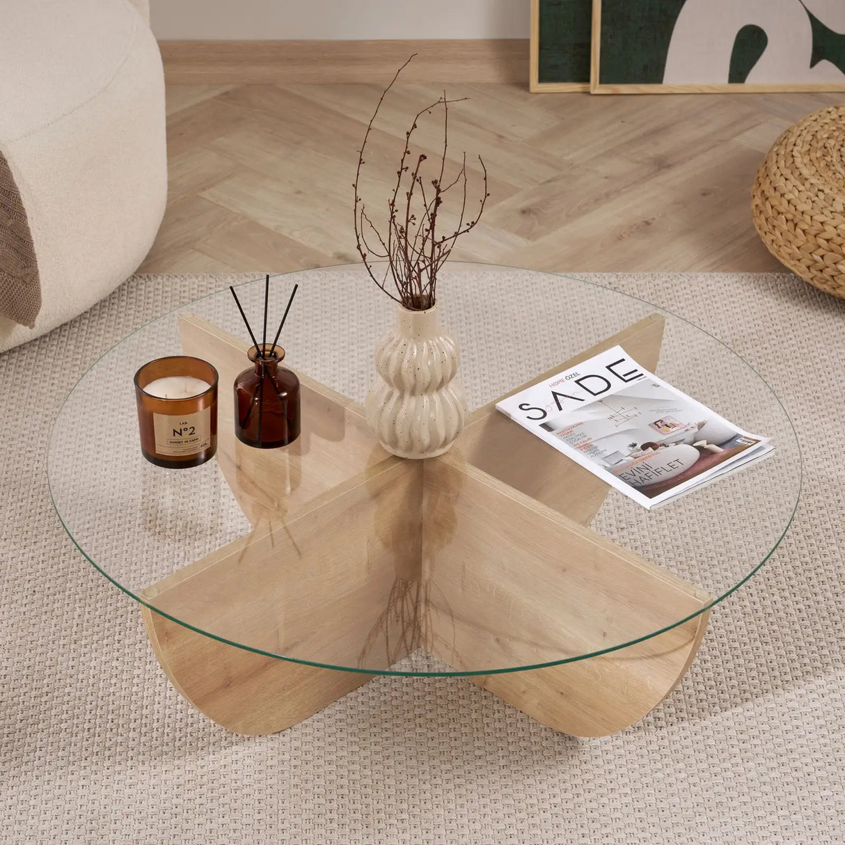 Runder Couchtisch Liya aus Glas und melaminbeschichteter Spanplatte in Saphir-Eiche 90Ø von Hanah Home – Bild 4