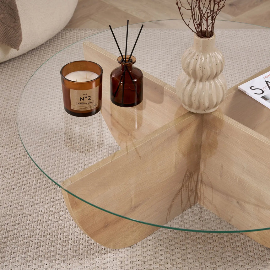 Runder Couchtisch Liya aus Glas und melaminbeschichteter Spanplatte in Saphir-Eiche 90Ø von Hanah Home – Bild 5