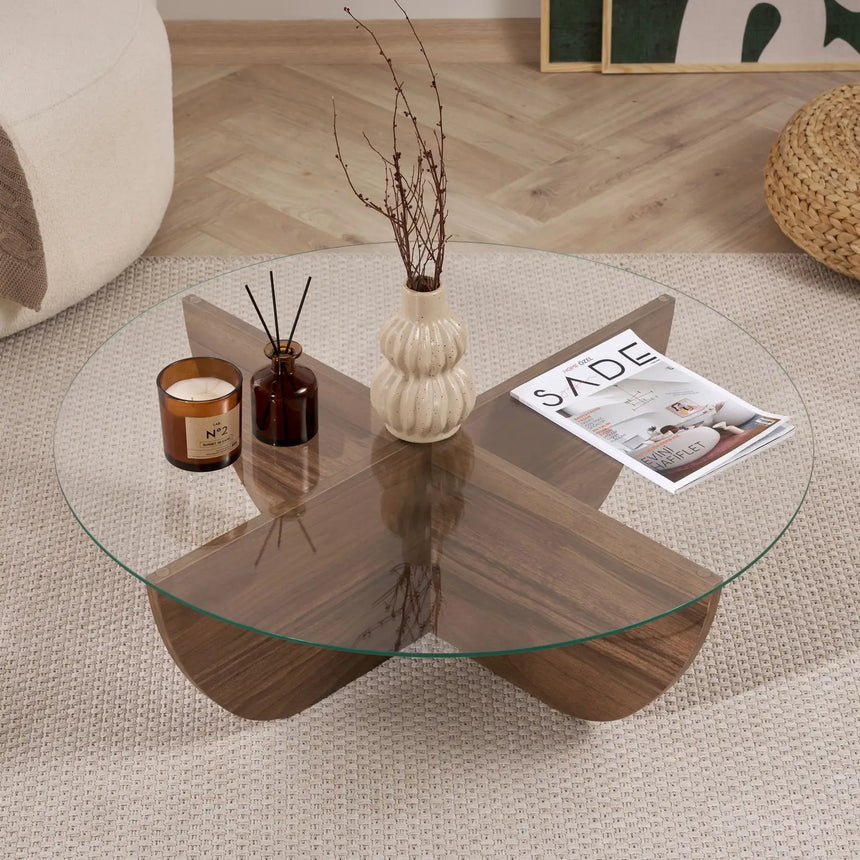 Runder Couchtisch Liya aus Glas und melaminbeschichteter Spanplatte in Walnuss 90Ø von Hanah Home – Bild 4
