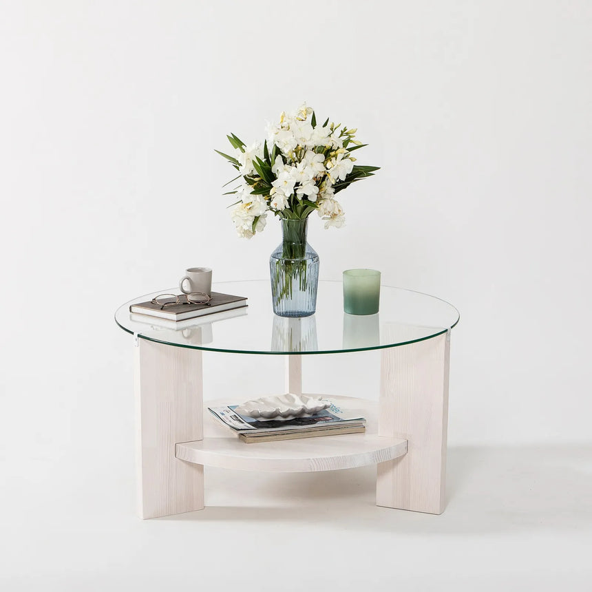 Runder Couchtisch Mahal aus massivem Kieferholz und gehärtetem Glas, 75×75×40 cm von Hanah Home – Bild 3