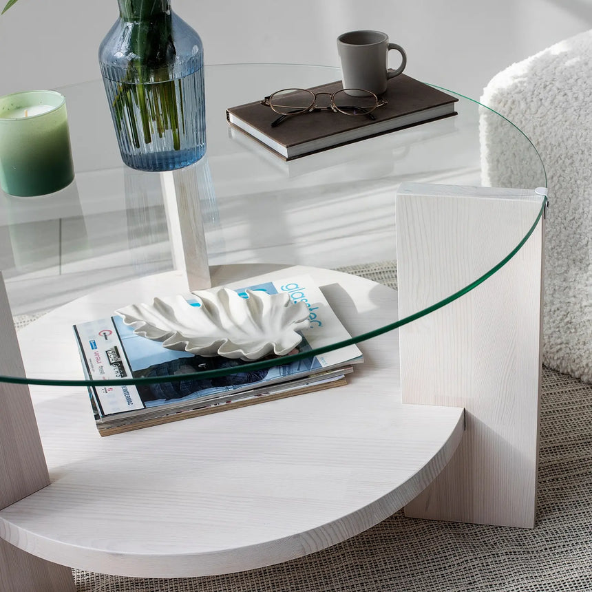 Runder Couchtisch Mahal aus massivem Kieferholz und gehärtetem Glas, 75×75×40 cm von Hanah Home – Bild 4