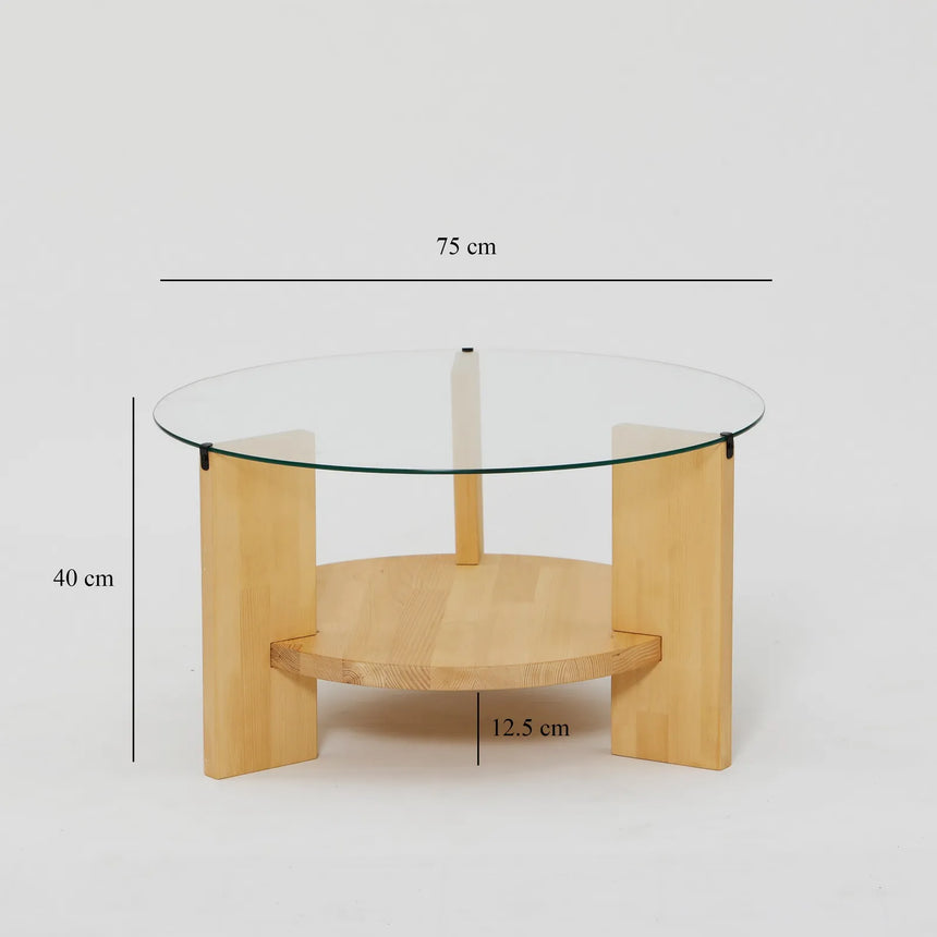 Runder Couchtisch Mahal aus massivem Kieferholz und gehärtetem Glas in Eiche, 75×75×40 cm von Hanah Home – Bild 7