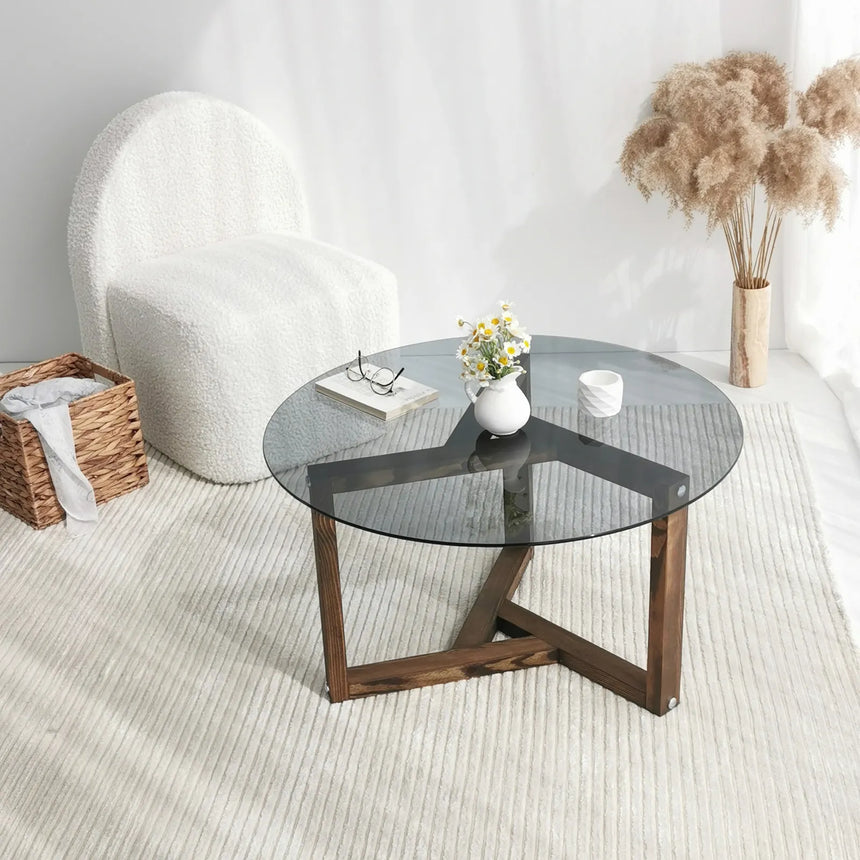 Runder Couchtisch Miro aus gehärtetem Glas und Kiefer in Walnuss und Rauch 75Ø von Hanah Home – Bild 4