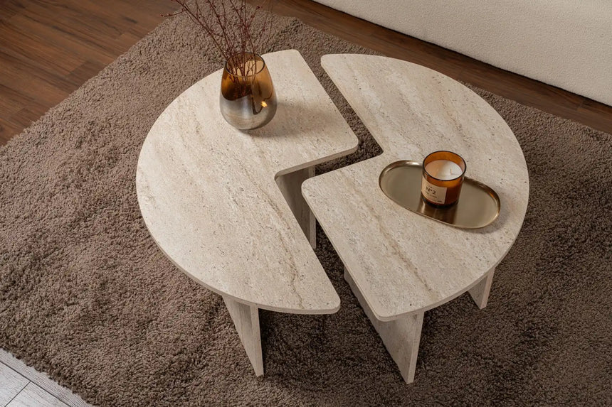 Runder Couchtisch Moira aus Holz in Travertin 90Ø von Hanah Home – Bild 3
