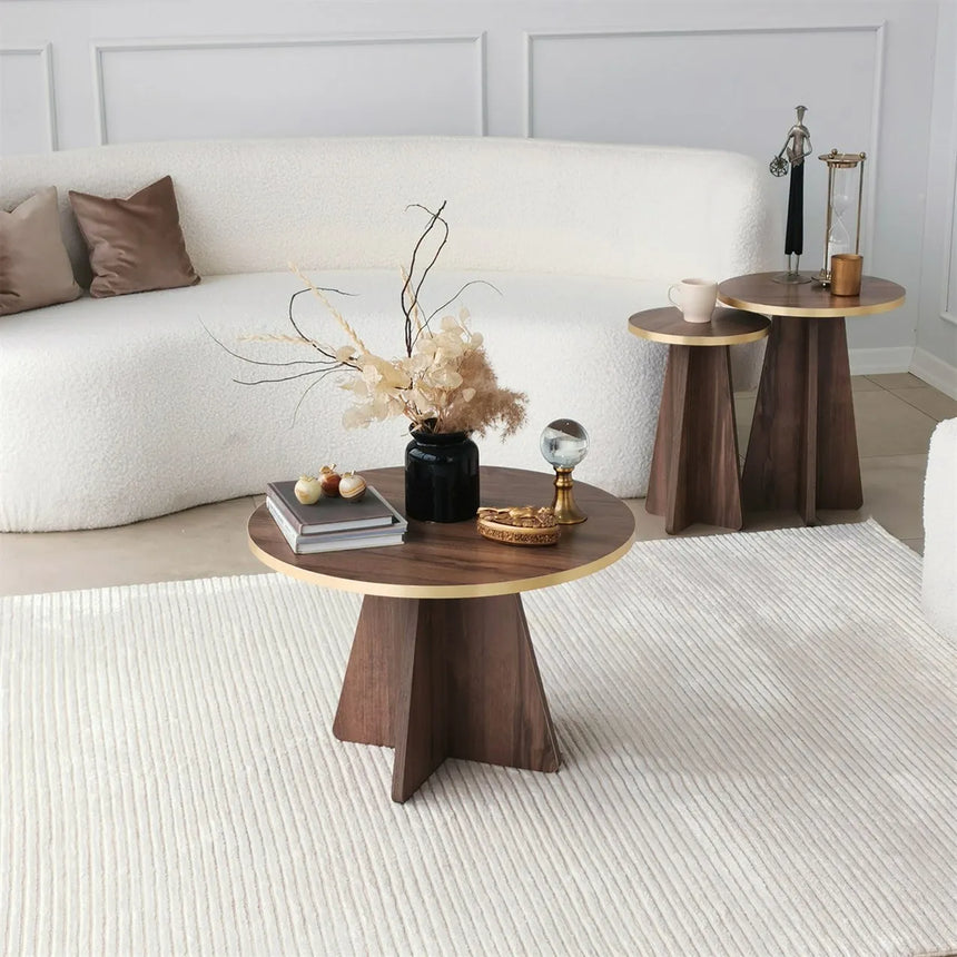 Runder Couchtisch Mushroom aus melaminbeschichteten Holz in Gold und Walnuss, 60×60×40 cm von Hanah Home – Bild 4