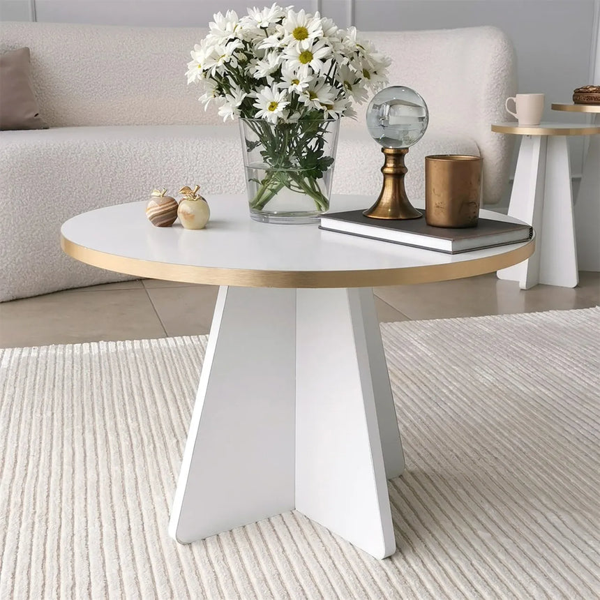Runder Couchtisch Mushroom aus melaminbeschichteten Holz in Gold und Weiß, 60×60×40cm von Hanah Home – Bild 3