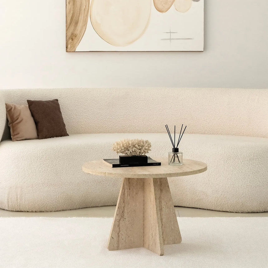 Runder Couchtisch Mushroom aus melaminbeschichteten Holz in Travertin, 60×60×40 cm von Hanah Home – Bild 1