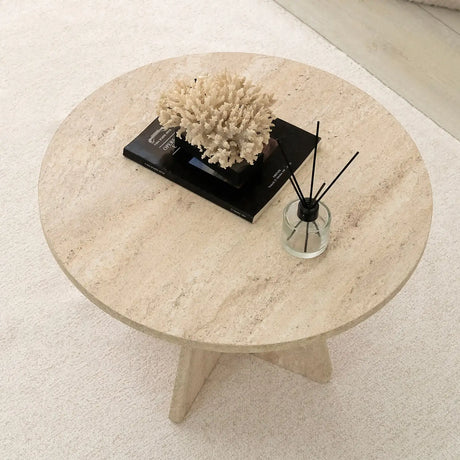 Runder Couchtisch Mushroom aus melaminbeschichteten Holz in Travertin, 60×60×40 cm von Hanah Home – Bild 3