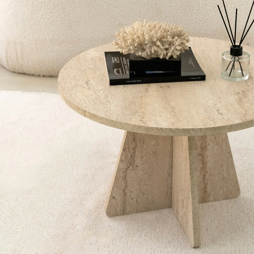 Runder Couchtisch Mushroom aus melaminbeschichteten Holz in Travertin, 60×60×40 cm von Hanah Home – Bild 4