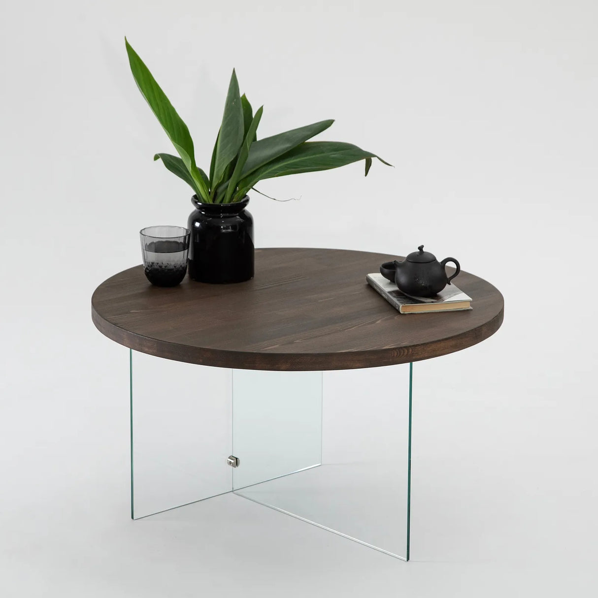 Runder Couchtisch Serenity aus Holz und gehärtetem Glas in Walnuss und Transparent 70Ø von Hanah Home – Bild 2
