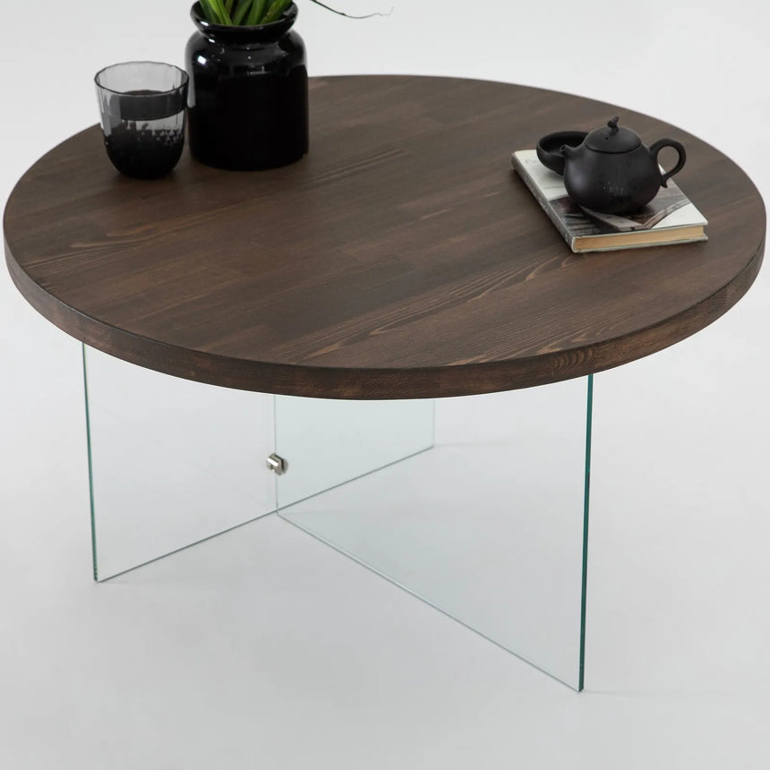 Runder Couchtisch Serenity aus Holz und gehärtetem Glas in Walnuss und Transparent 70Ø von Hanah Home – Bild 3