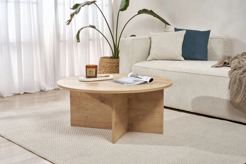 Runder Couchtisch Soleil aus melaminbeschichteter Spanplatte in Saphir-Eiche 90Ø von Hanah Home – Bild 2