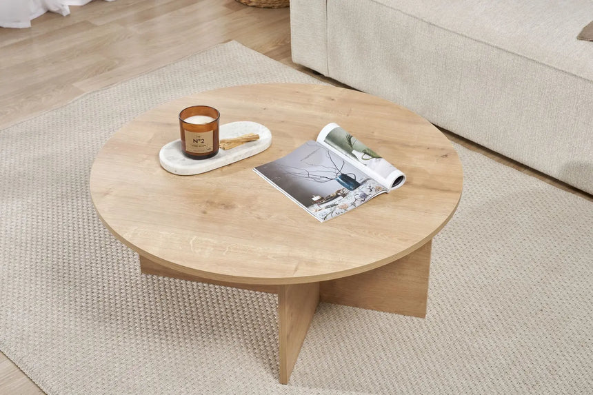 Runder Couchtisch Soleil aus melaminbeschichteter Spanplatte in Saphir-Eiche 90Ø von Hanah Home – Bild 3