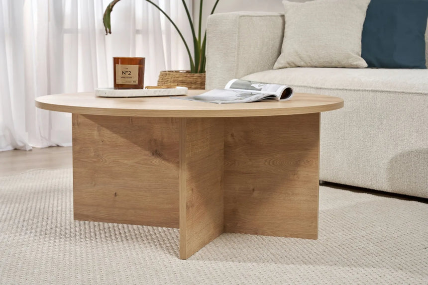 Runder Couchtisch Soleil aus melaminbeschichteter Spanplatte in Saphir-Eiche 90Ø von Hanah Home – Bild 4