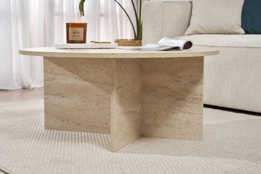 Runder Couchtisch Soleil aus melaminbeschichteter Spanplatte in Travertin 90Ø von Hanah Home – Bild 4