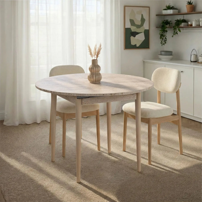 Runder Esstisch Viona aus melaminbeschichteten Holz in Travertin und Eiche, 100×100×75 cm von Hanah Home – Bild 3
