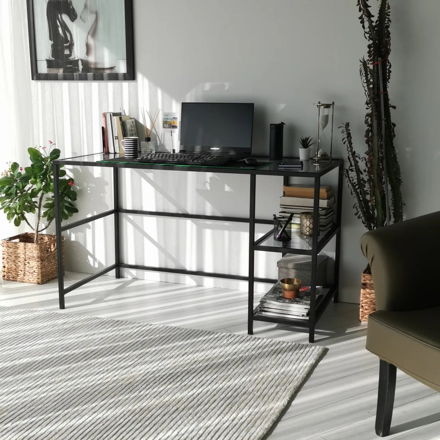 Schreibtisch Master aus gehärtetem Glas und Metall in Schwarz und Rauch, 130×60×75 cm von Hanah Home – Bild 3