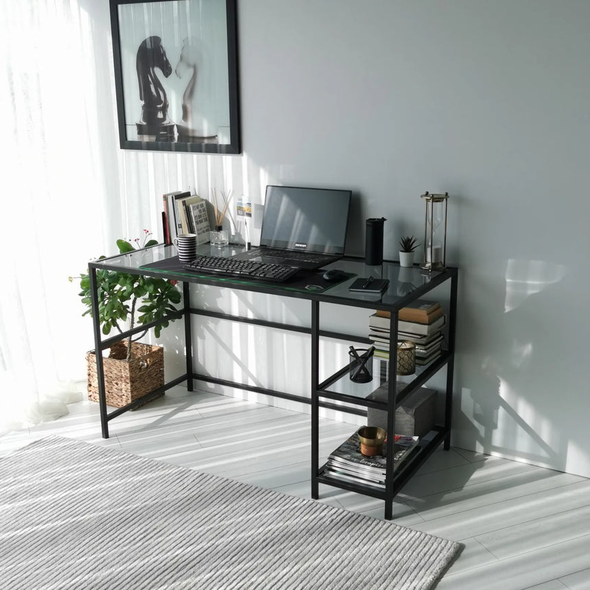 Schreibtisch Master aus gehärtetem Glas und Metall in Schwarz und Rauch, 130×60×75 cm von Hanah Home – Bild 5