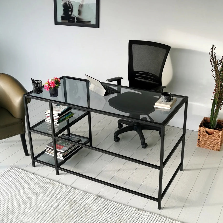 Schreibtisch Master aus gehärtetem Glas und Metall in Schwarz und Rauch, 130×60×75 cm von Hanah Home – Bild 7