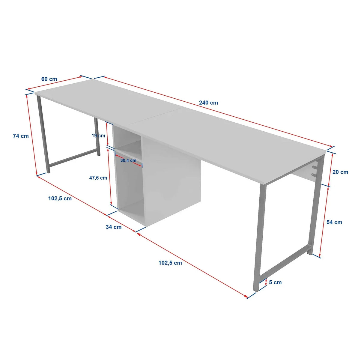 Schreibtisch Twin Study Desk aus Metall und melaminharzbeschichteten Holz in Atlantische Kiefer und Schwarz, 240×60×74 cm - ZEN ZONE Furniture
