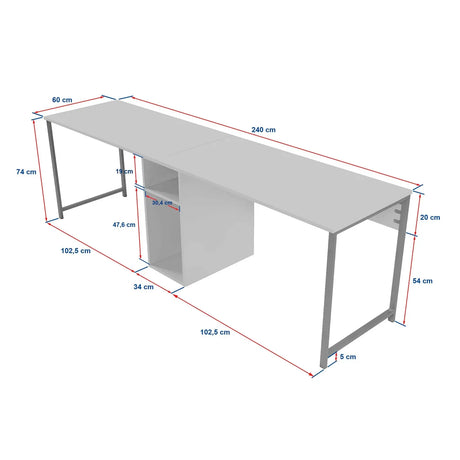 Schreibtisch Twin Study Desk aus Metall und melaminharzbeschichteten Holz in Atlantische Kiefer und Schwarz, 240×60×74 cm - ZEN ZONE Furniture