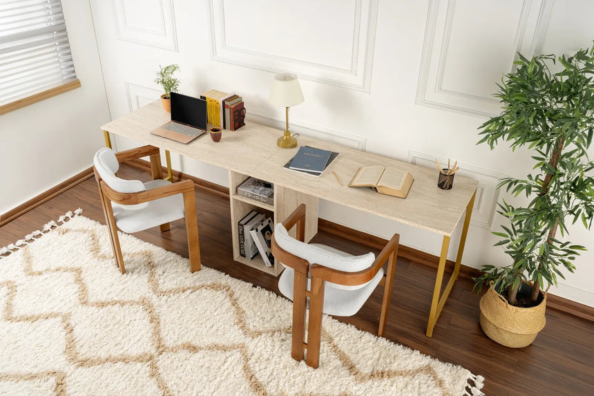 Schreibtisch Twin Study Desk aus Metall und melaminharzbeschichteten Holz in Travertin und Gold, 240×60×74 cm von Hanah Home – Bild 1