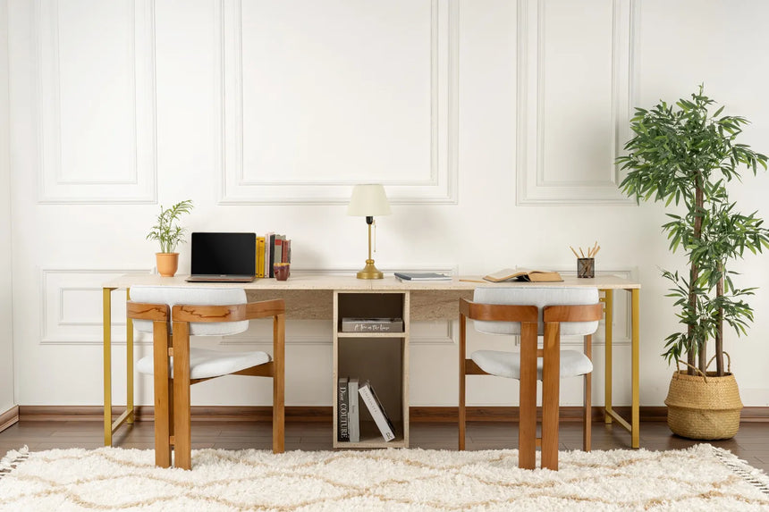 Schreibtisch Twin Study Desk aus Metall und melaminharzbeschichteten Holz in Travertin und Gold, 240×60×74 cm von Hanah Home – Bild 3