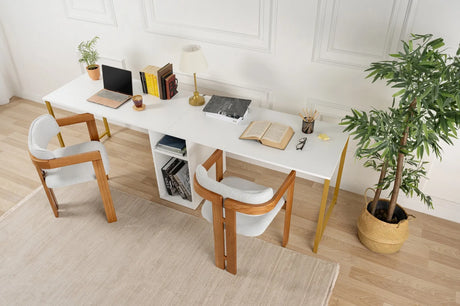 Schreibtisch Twin Study Desk aus Metall und melaminharzbeschichteten Holz in Weiß und Gold, 240×60×74 cm von Hanah Home – Bild 1
