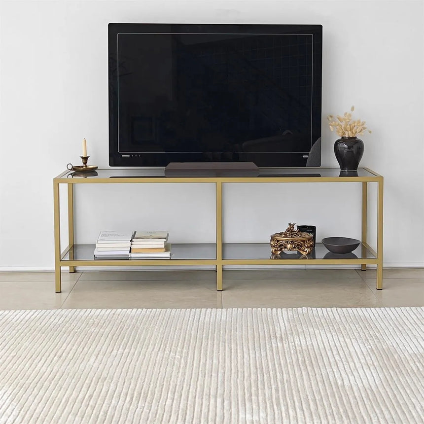 TV-Schrank Basic aus Metall und gehärtetem Glas in Dunkelgrau und Gold, 130×40×45 cm von Hanah Home – Bild 2