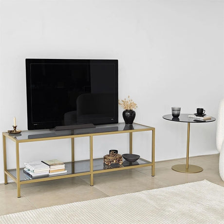 TV-Schrank Basic aus Metall und gehärtetem Glas in Dunkelgrau und Gold, 130×40×45 cm von Hanah Home – Bild 3