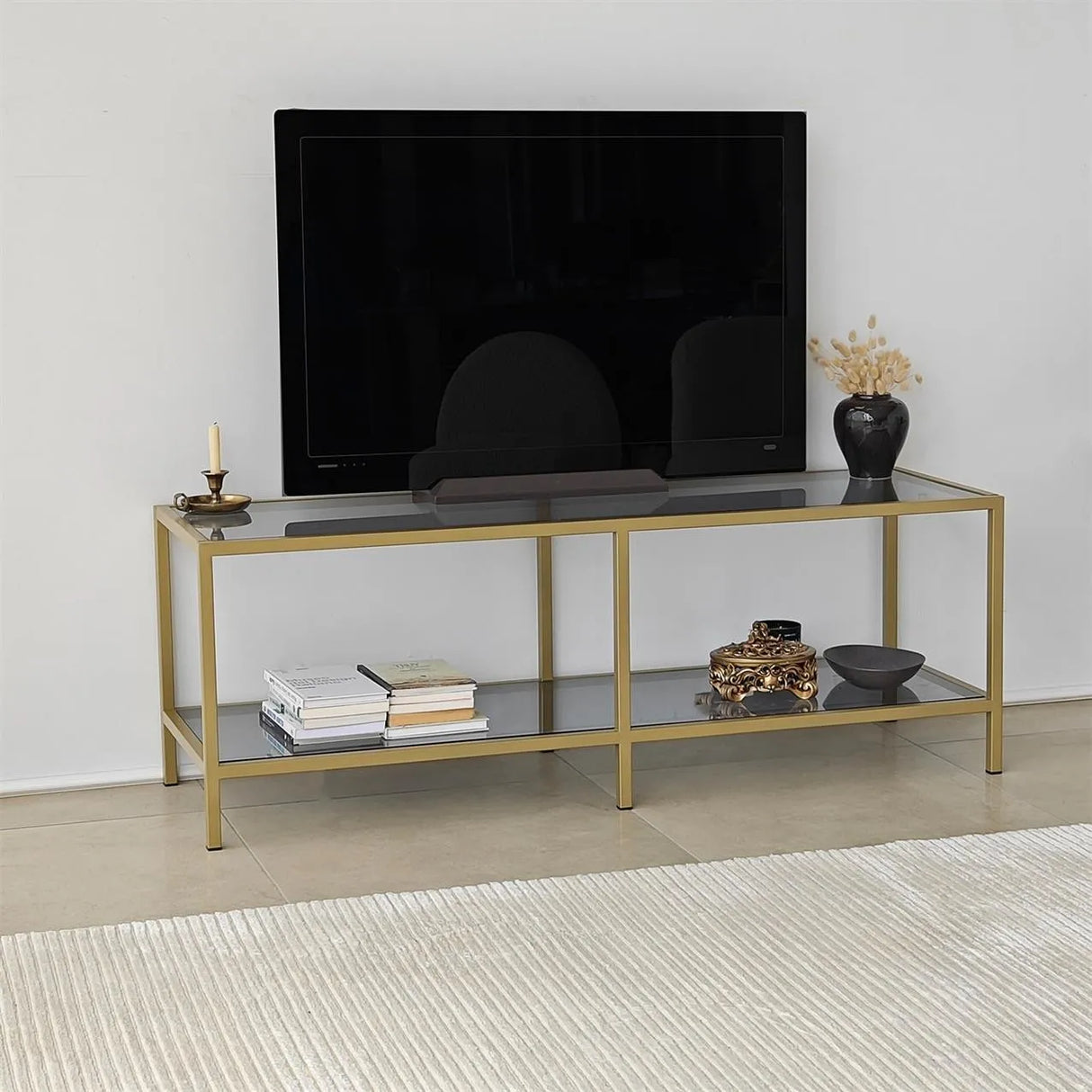 TV-Schrank Basic aus Metall und gehärtetem Glas in Dunkelgrau und Gold, 130×40×45 cm von Hanah Home – Bild 4