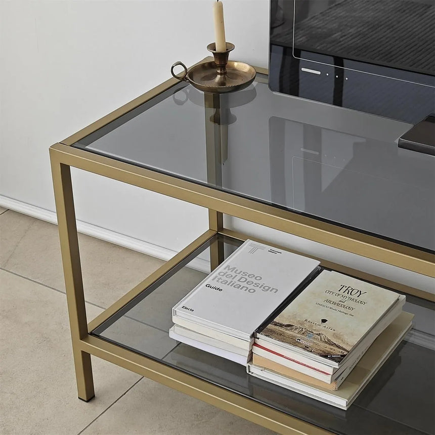 TV-Schrank Basic aus Metall und gehärtetem Glas in Dunkelgrau und Gold, 130×40×45 cm von Hanah Home – Bild 5