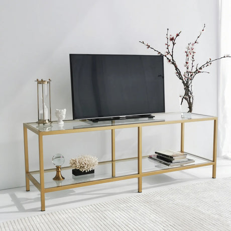 TV-Schrank Basic aus Metall und gehärtetem Glas in Transparent und Gold, 130×40×45 cm von Hanah Home – Bild 1