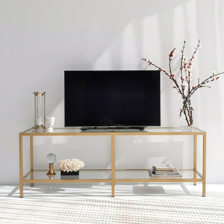 TV-Schrank Basic aus Metall und gehärtetem Glas in Transparent und Gold, 130×40×45 cm von Hanah Home – Bild 2