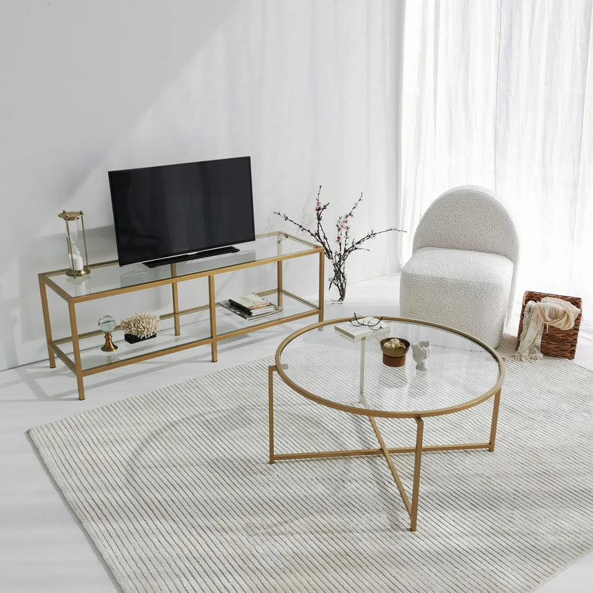 TV-Schrank Basic aus Metall und gehärtetem Glas in Transparent und Gold, 130×40×45 cm von Hanah Home – Bild 3