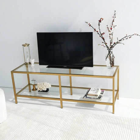 TV-Schrank Basic aus Metall und gehärtetem Glas in Transparent und Gold, 130×40×45 cm von Hanah Home – Bild 4