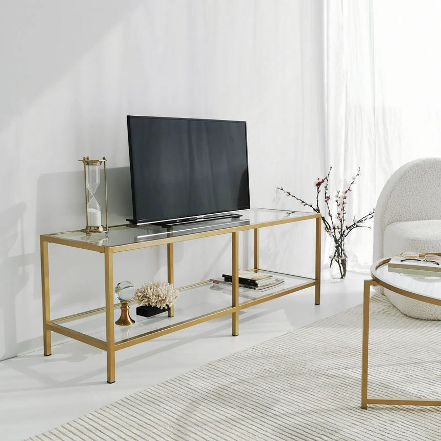 TV-Schrank Basic aus Metall und gehärtetem Glas in Transparent und Gold, 130×40×45 cm von Hanah Home – Bild 5