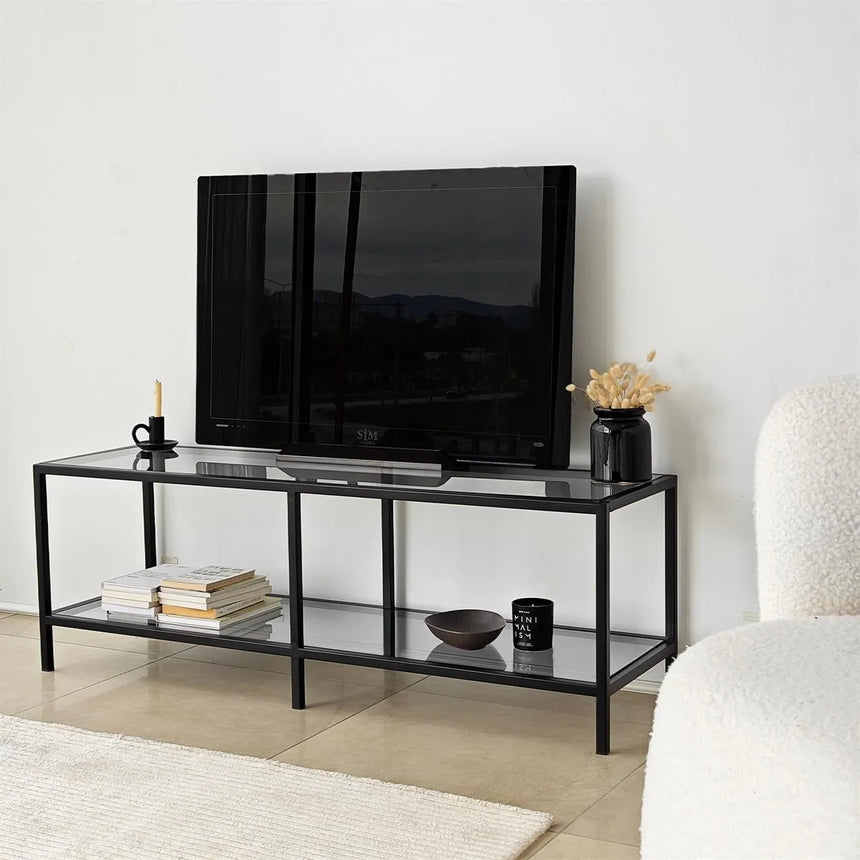 TV-Schrank Basic aus gehärtetem Glas und Metall in Dunkelgrau und Schwarz, 130×40×45 cm von Hanah Home – Bild 1
