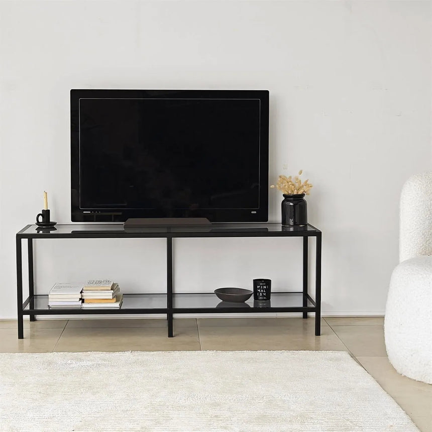 TV-Schrank Basic aus gehärtetem Glas und Metall in Dunkelgrau und Schwarz, 130×40×45 cm von Hanah Home – Bild 2