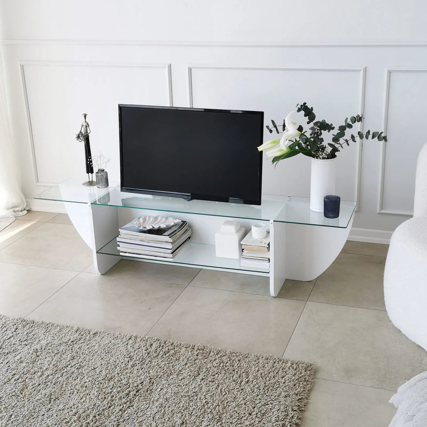 TV-Schrank Lily aus melaminharzbeschichteten Holz und gehärtetem Glas, 158×35×40 cm von Hanah Home – Bild 2