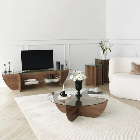 TV-Schrank Lily aus melaminharzbeschichteten Holz und gehärtetem Glas in Walnuss, 158×35×40 cm von Hanah Home – Bild 6