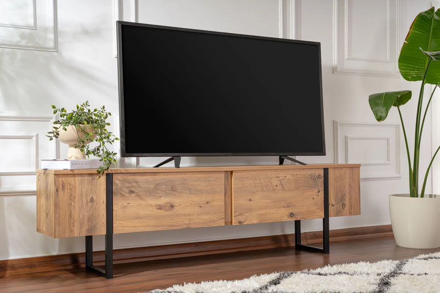 TV-Schrank Serenity aus melaminbeschichteten Holz in Atlantik-Kiefer und Schwarz, 180×29,5×50 cm von Hanah Home – Bild 1
